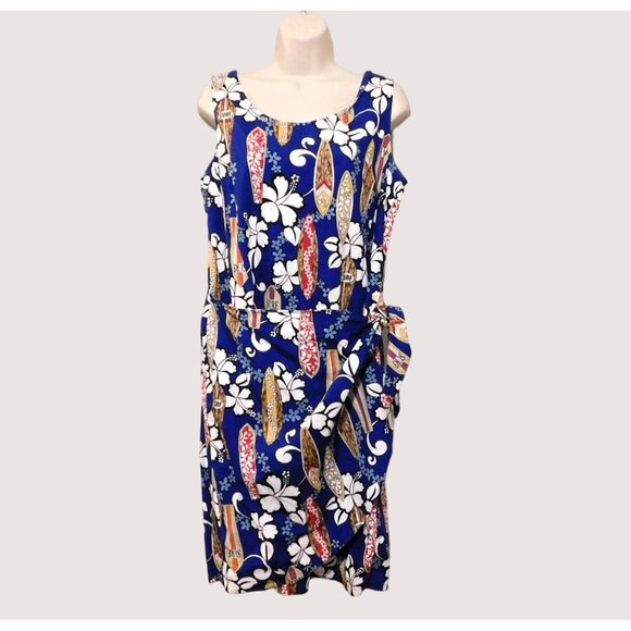 Hilo Hattie Dresses & Skirts - Hilo Hattie Hawaiian Dress L Blue Surfboard Floral Print Sleeveless Wrap Cotton